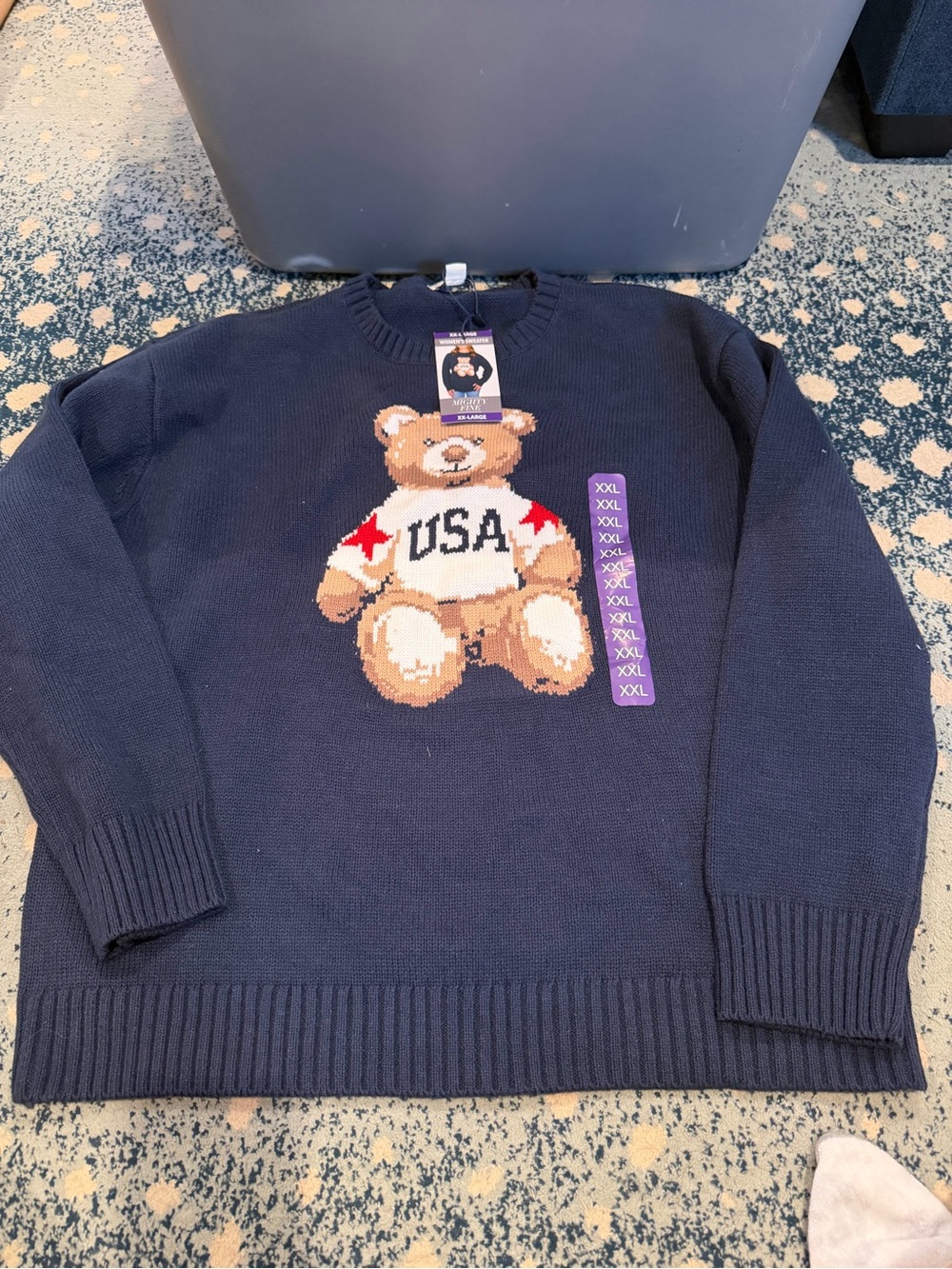Mighty Fine Navy Crewneck Sweater with Teddy Bear USA Motif